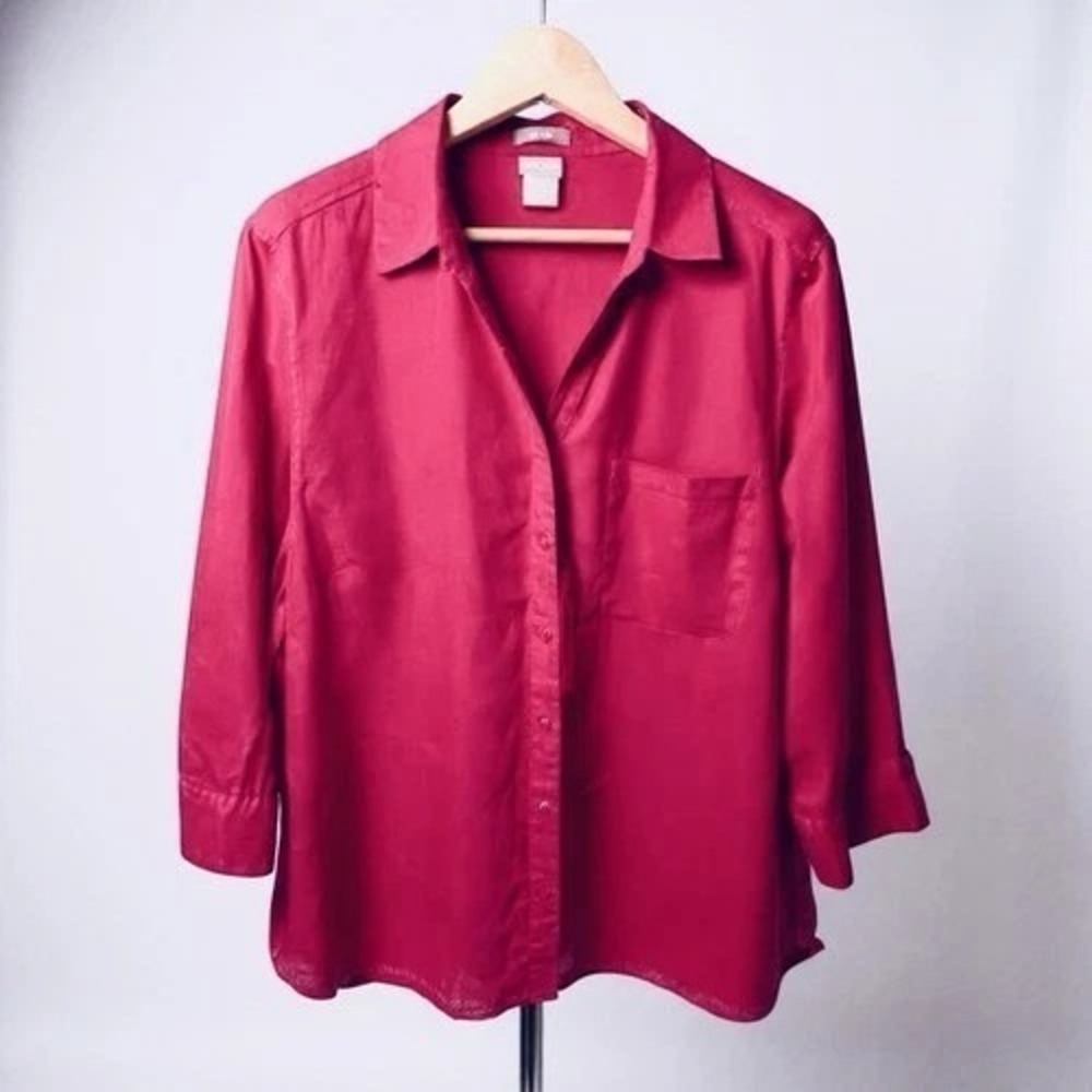Chico's Linen Flax Shirt Women XL or 3 No Iron Fuschia Lagenlook Coastal Grandma